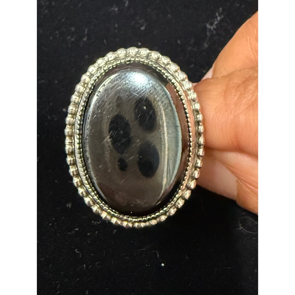 Whiting & Davis Vintage Hematite Glass Cabochon Statement Ring Silver 9.5